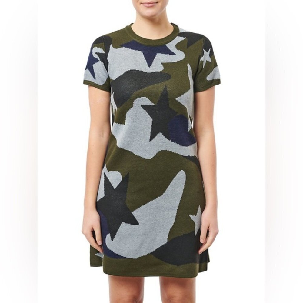 John + Jenn Knit Star Camo Sweater Small Dress Navy Green Gray